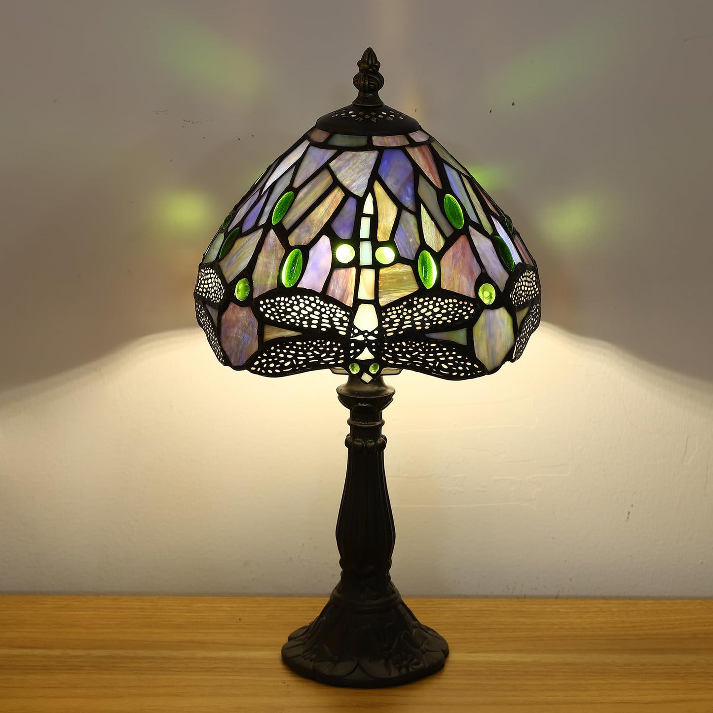 FUMAT Tiffany Small Table Lamp Blue Dragonfly Hand-Made Stained Glass Table Lamps for Bedroom 8.5X8.5X15 Inch Night Light Bedside Nightstand Home Office Desk Lamp W/ E12 LED Bulb