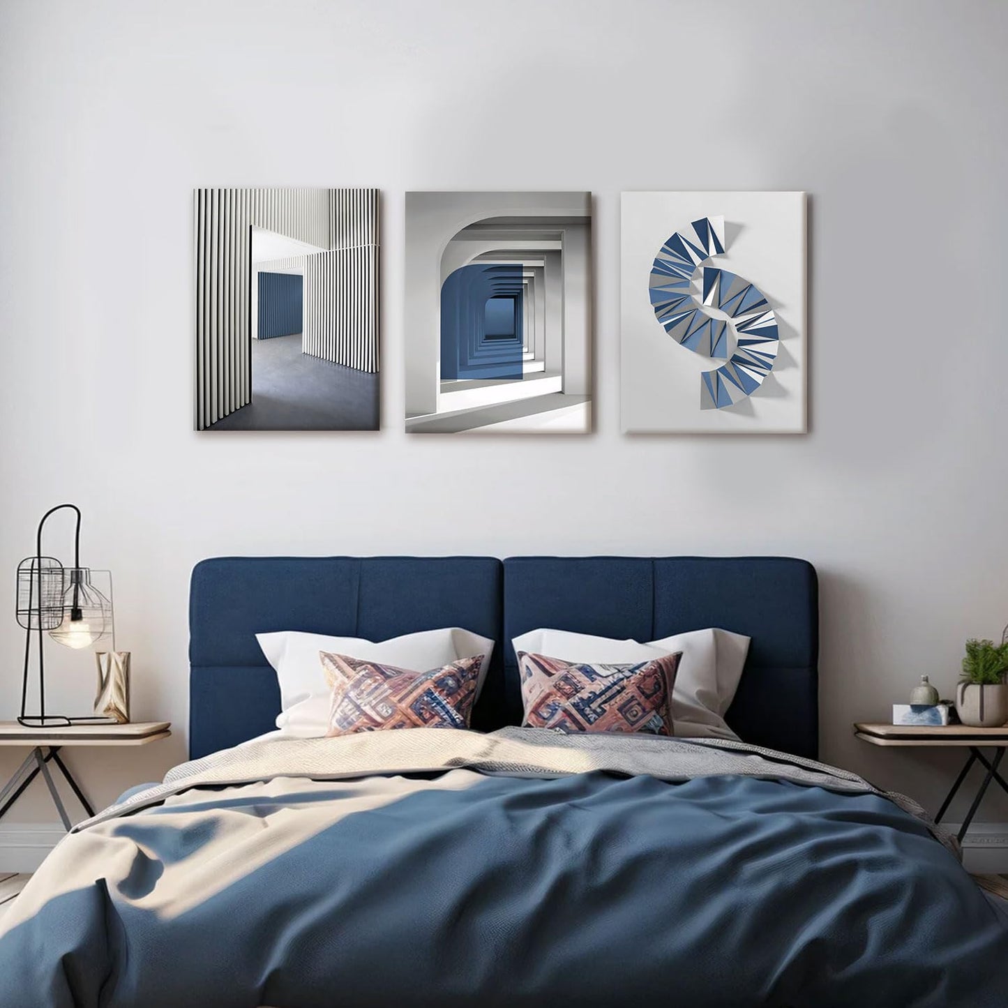 NCCXNCC 3-Pcs Abstract Blue Canvas Wall Art Neutral Minimalist Paintings Gray Geometric Posters Print Modern Architecture Image Artwork Living Room Bedroom or Office Wall Decoration 12x16 inch