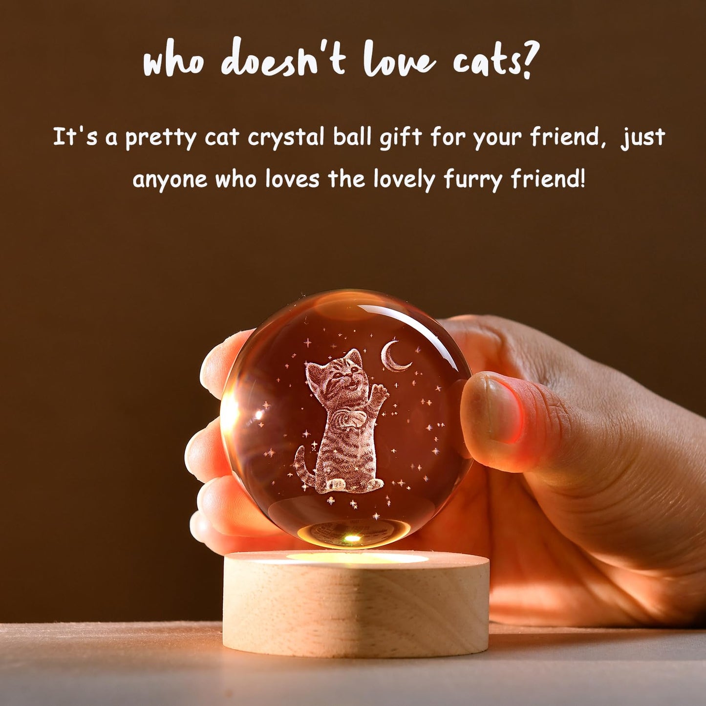 IFOLAINA Cat Lovers Gifts for Women 2.36" Crystal Ball with Wooden Light Base 3D Cat Themed Gifts for Mom Wife Friends Birthaday Mothers Day Crystal Decorative Globe Lamp Decor