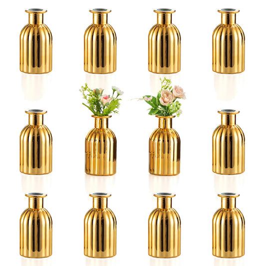 NUPTIO Bud Vases Small Gold: 12 Pcs Glass Vase Set in Bulk for Flowers - Mini Vintage Flower Bottle Single Vases for Wedding Table Centerpieces