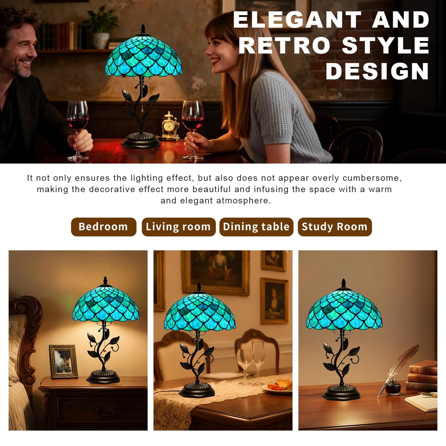 TFNALNB Tiffany Table Lamp, Stained Glass Blue Green Dragon Scale Lamp,Metal Leaf Base Decor Lamp, 12x12x19 Inch for Bedroom, Living Room, Home, Office