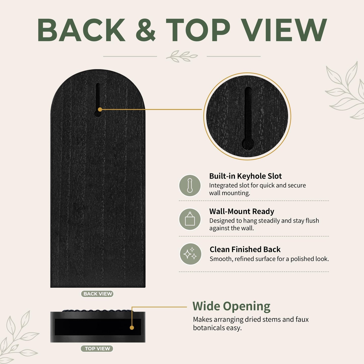 2 Pack Black Wooden Wall Vase Set, Beaded Arch Boho Hanging Wall Planters