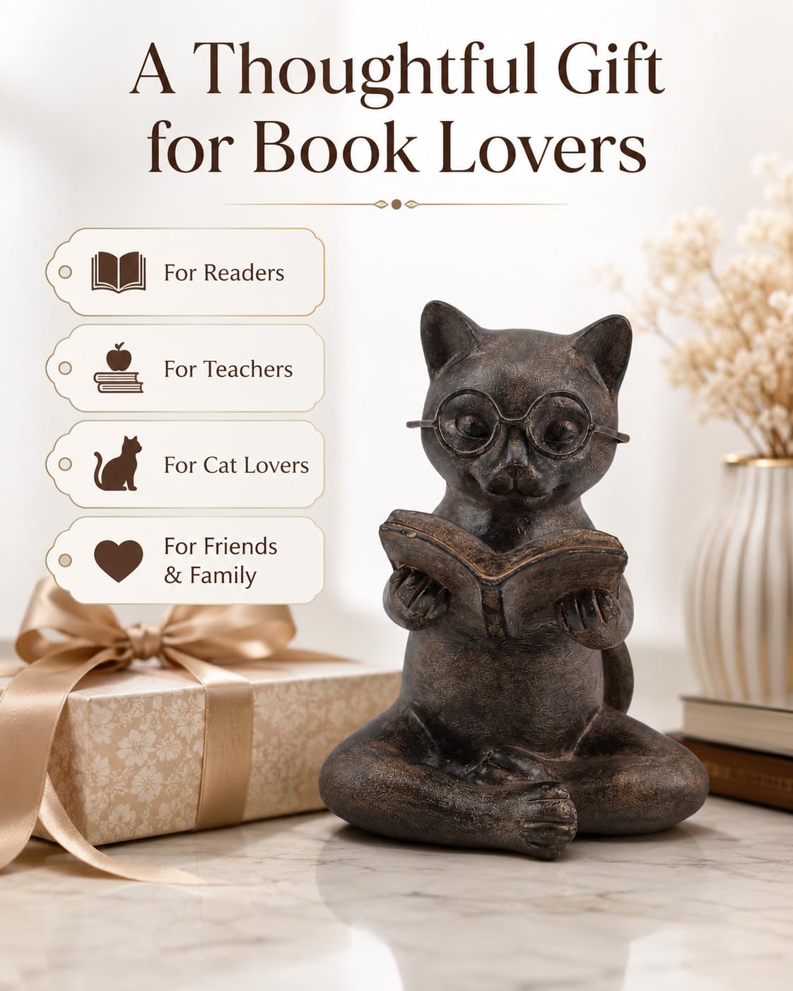 Bronze Cat Figurine Reading Book, Resin Home Décor Accents Statue with Glasses, Cute Tabletop Decor for Bookshelf Desk Office Library, Cat Lovers Gifts for Women Man Teacher Student (Reading Cat)