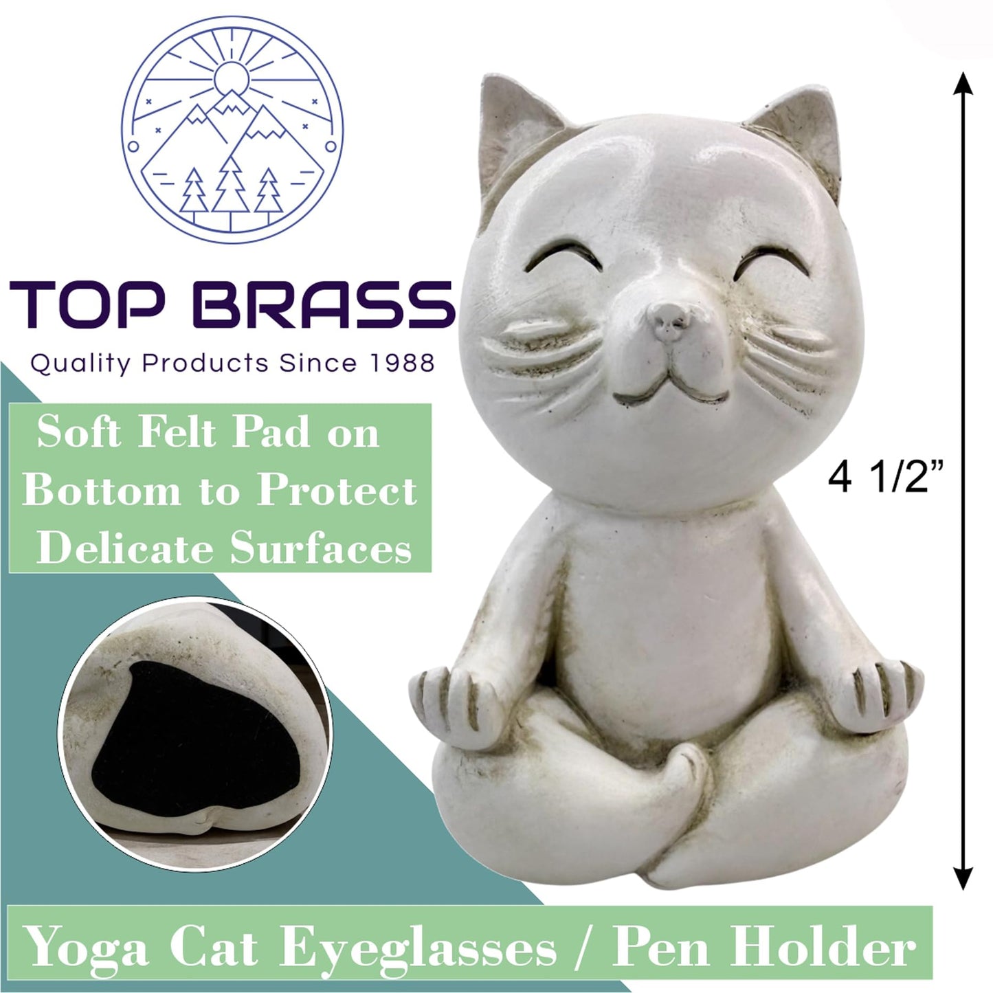 Top Brass Yoga Cat Eyeglasses & Pen Holder – Whimsical Reading Glasses Sunglasses Stand – Funny Desk Nightstand Glasses Keeper Rack Display – Meditating Zen Lotus Pose Figurine