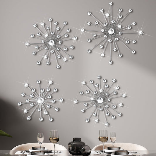 Funnymoom 4 Pcs Silver Starburst Wall Decor Metal Bling Wall Art Crystal Silver Sparkling Rhinestones Bling Decorative Hanging Diamond for Living Room Bedroom Home Office