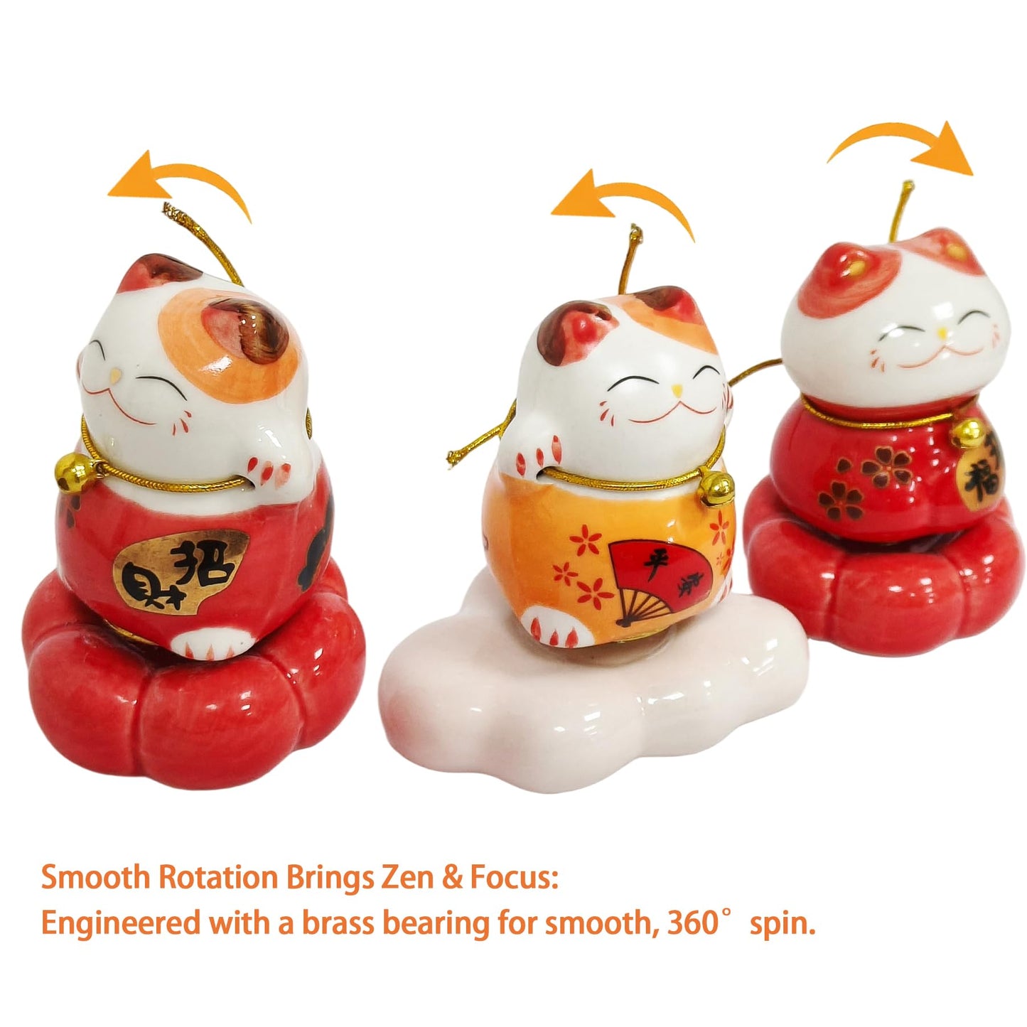 Amperer 3 PCS Rotating Ceramic Lucky Cat, Beckoning Fortune Cats with Brass Bearing for Wealth Luck & Health - Auspicious Desk Decor, Feng Shui Gift, Stress Relief Spinning Ornament (Rotatable Cat)