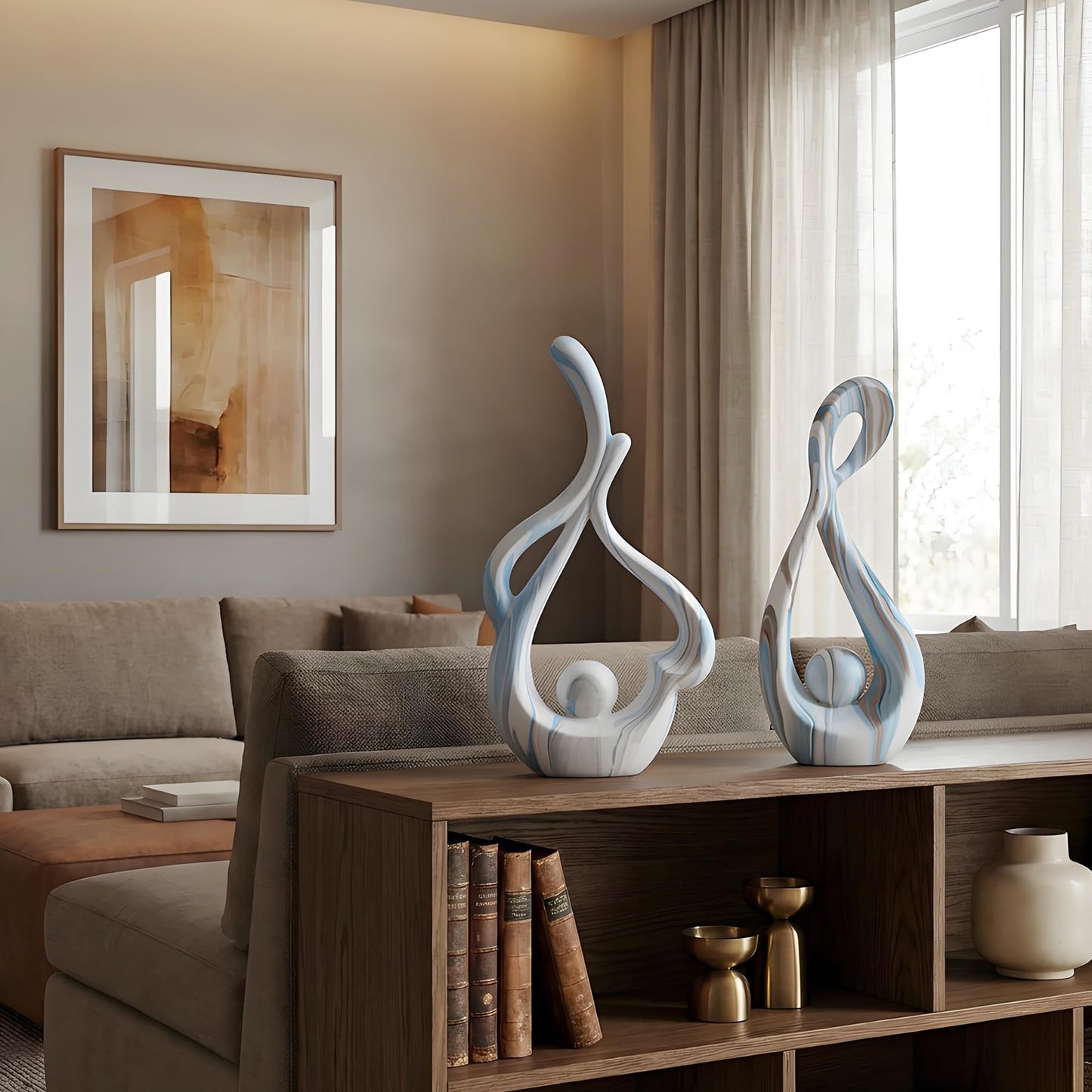 TZIZO Blue Marble Abstract Sculptures Set of 2, Coffee Table Centerpiece