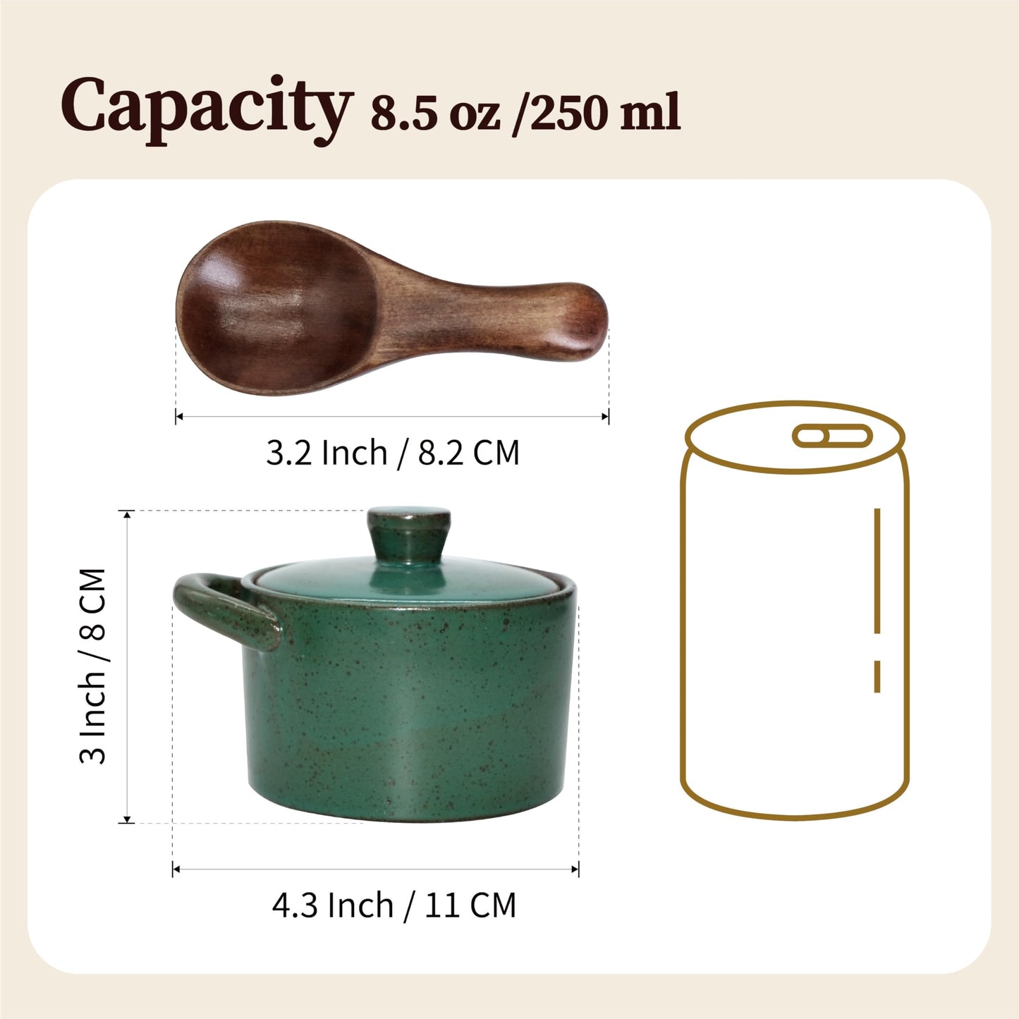 seicasaya Handcrafted Speckled Ceramic Salt Cellar with Wooden Spoon, Rustic Vintage Spice Jar, Dishwasher Safe, 8.45 fl oz (Vintage Green set of 2)