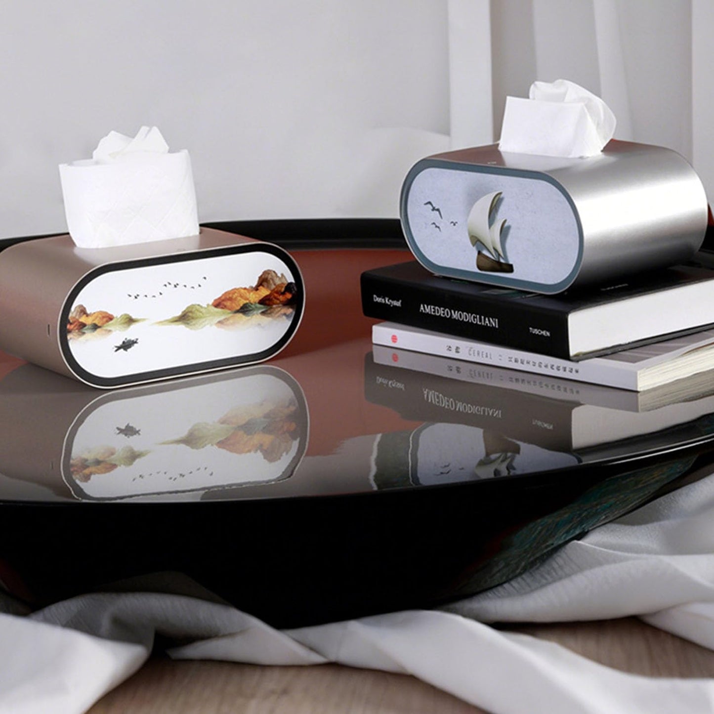 LED Tissue Box Cover,Modern Artistic Large Opening Pop-up Tissue Box Holder with Night Light,Rechargeable Oval Tabletop Napkin Box, Creative Facial Tissue Box for Bedroom,Desk,Dressing Table