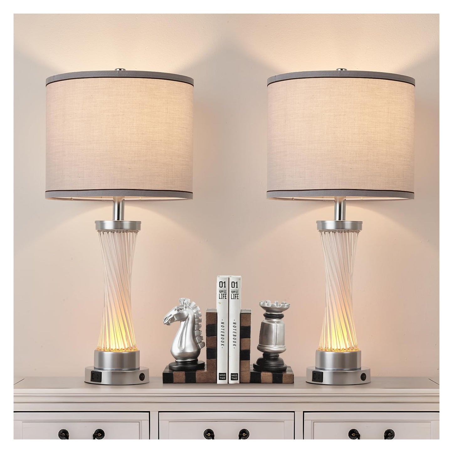 bdayanx 3-Way Dimmable Table Lamp Set of 2,Touch Control Lamp with Night Light,Modern Crystal Table Lamps for Bedroom,Living Room，Bedside Lamps with USB A+C Ports，Fabric Lampshade(Blubs Included)