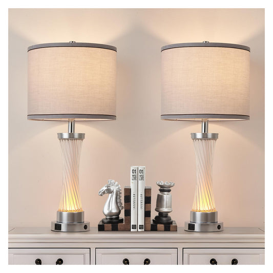 bdayanx 3-Way Dimmable Table Lamp Set of 2,Touch Control Lamp with Night Light,Modern Crystal Table Lamps for Bedroom,Living Room，Bedside Lamps with USB A+C Ports，Fabric Lampshade(Blubs Included)