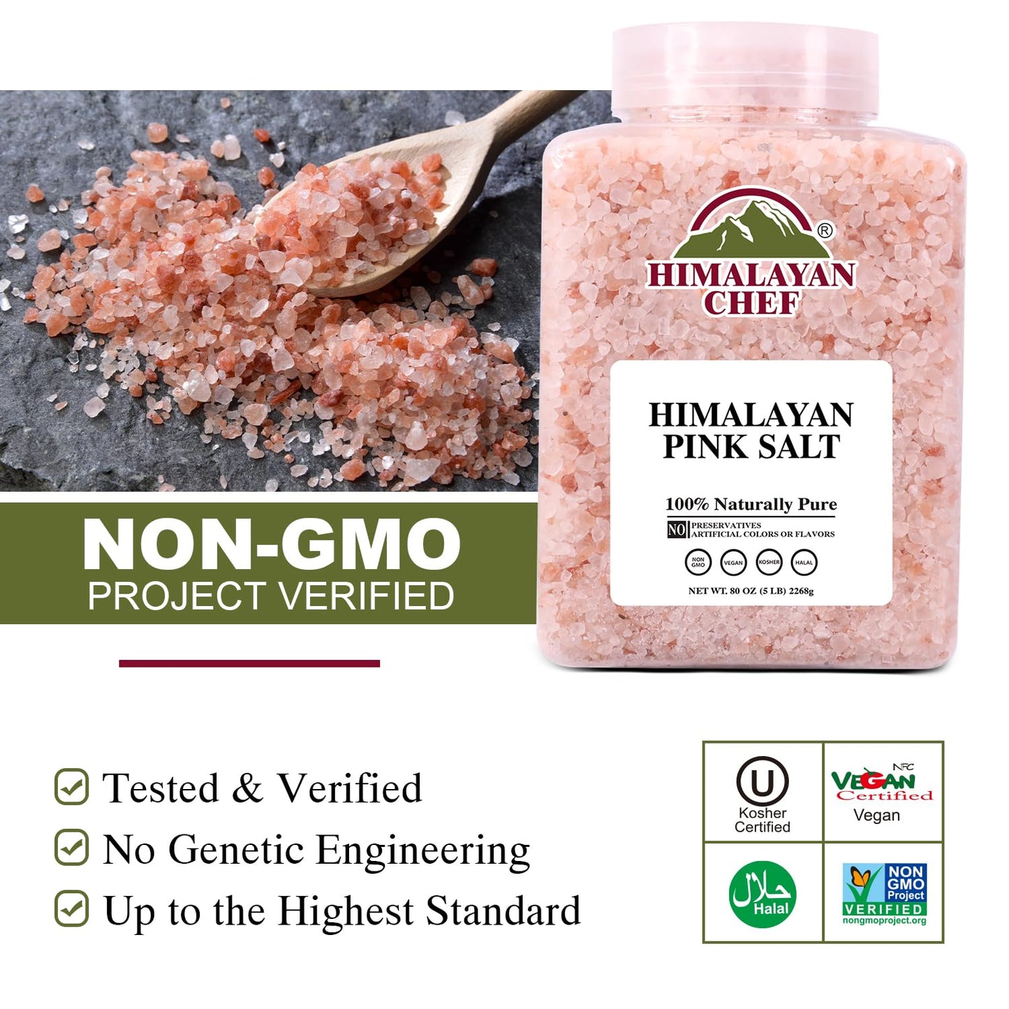 Himalayan Chef Himalayan Pink Salt 80oz (2.26kg), Non-GMO, Kosher, Coarse Grain, Nutrient and Mineral Dense for Health, Gourmet Pure Crystal Pink Salt for Grinder