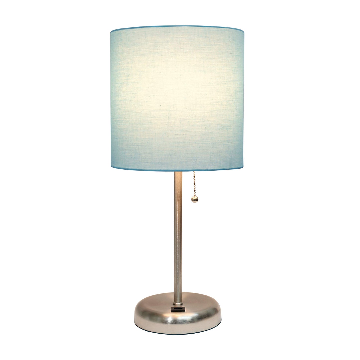Simple Designs LT2044-AQU-LB Brushed Steel Stick Table Desk Lamp with USB Charging Port and Drum Fabric Shade for Living Room, Hallway, Nightstand, Office, Aqua Shade, with Feit LED Bulb Included