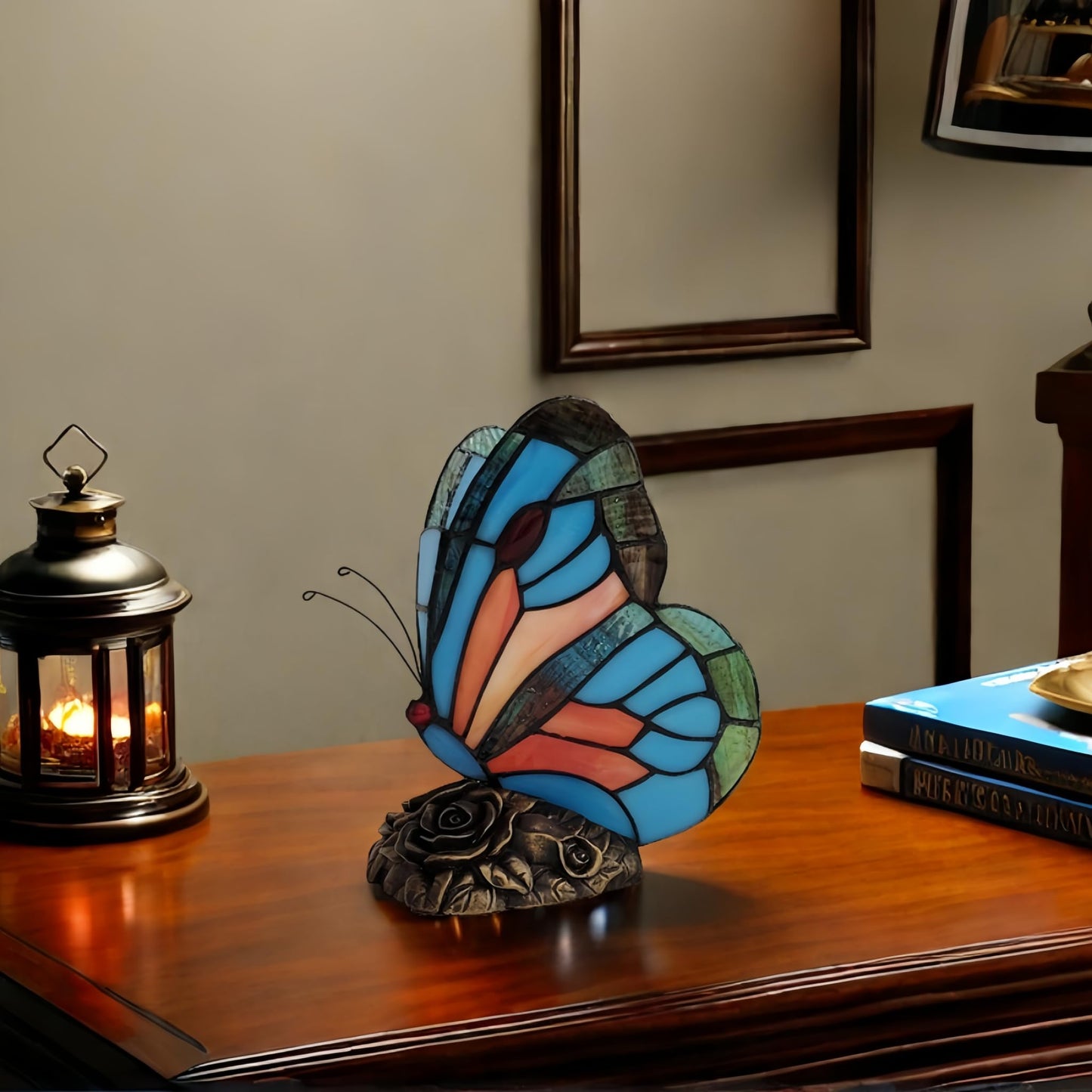 Aotmkj Tiffany Style Bedside Table Lamp Blue Butterfly Rose Nightstand Lamps Stained Glass Shade Home Decor Office Desk Lamp 。