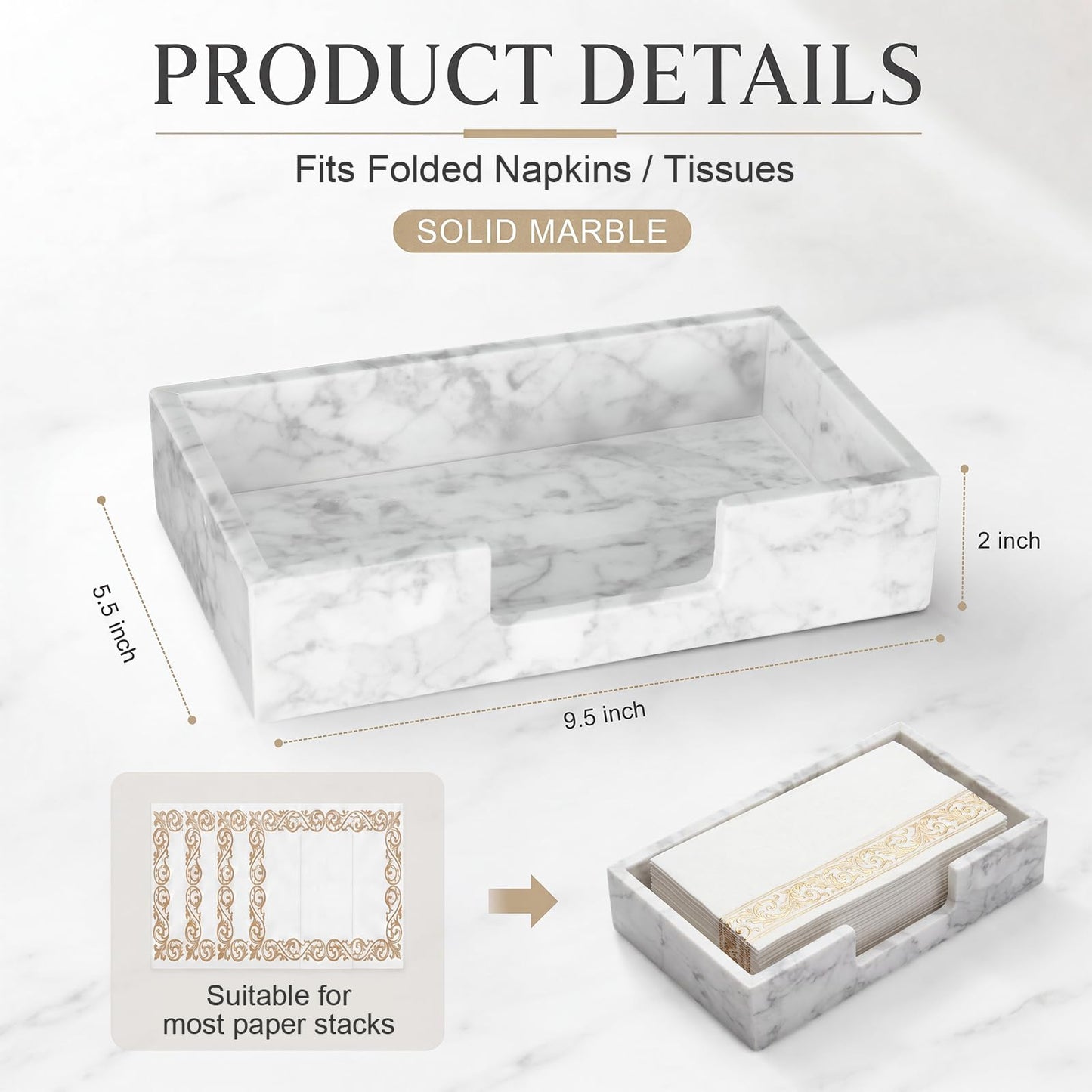 Singhoow Natural Marble Tissue Holder 9.5x5.5x2inch Carrara Marble Theme White Tissue Box Rectangular Guest Napkin Paper Towel Holder for Home Decor Countertop Kitchen Hand Towel Organizer Tray