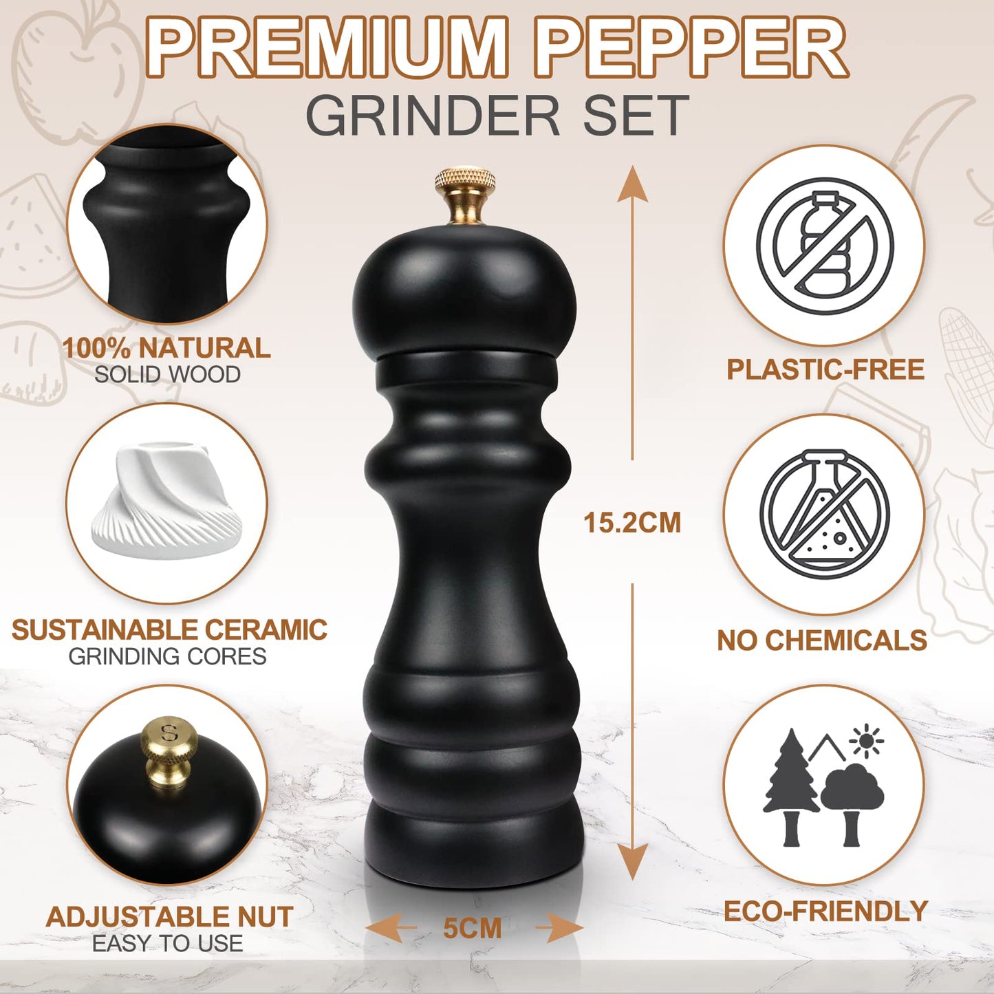 Salt and Pepper Grinders Set of 2, Manual Pepper Mill & Salt Grinder with Adjustable Ceramic Rotor & Stainless Steel Gasket, Refillable Black Salt & Pepper Shakers for BBQ Restaurant Kitchen