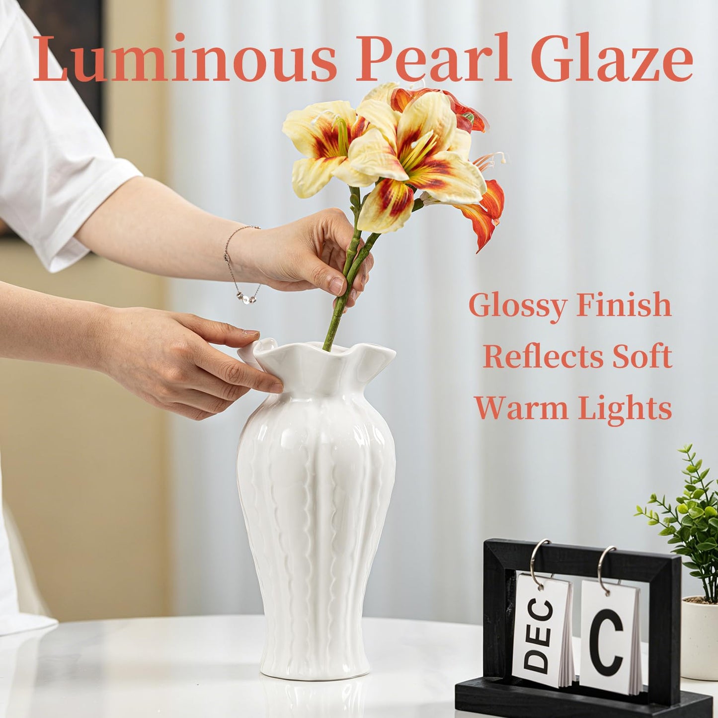 Elegant Lily Ceramic Flower Vase - 10.2" Glossy White Modern Vase for Decor Living Room, Table Centerpieces for Dining Room, Aesthetic Home Gifts