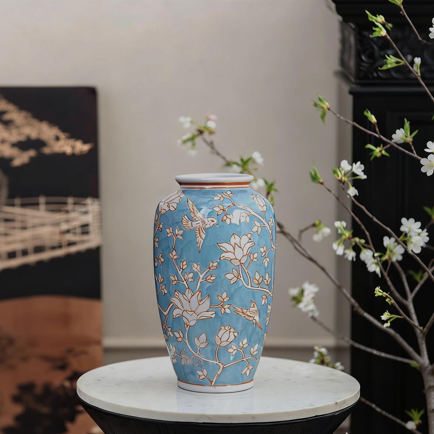 Blue and White Chinoiserie Ceramic Vase, 14 Inch Chinese Style Hand Painted Flower & Bird Art Decor Vase Antique Floral Vase for Living Room, Farmhouse, Table Centerpiece