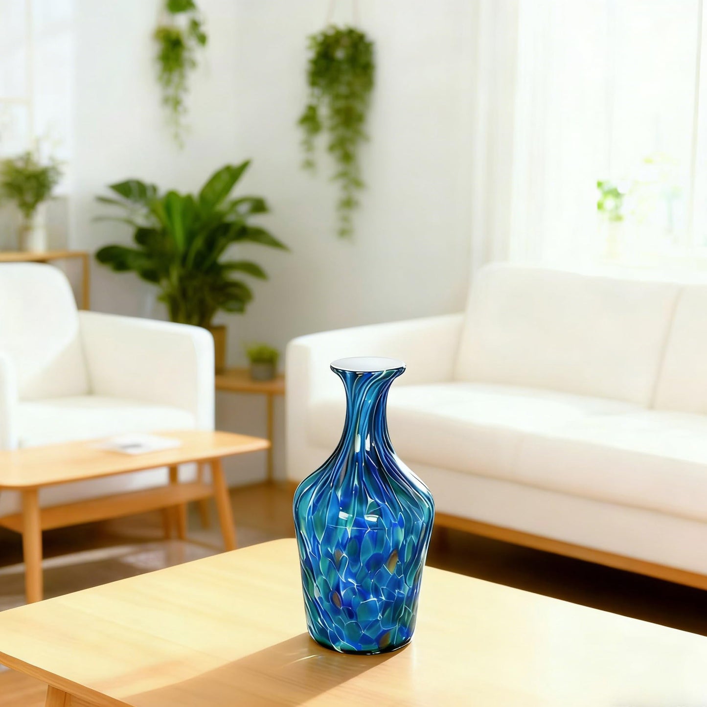 Acever Handblown Art Glass Vase, Blue and Teal Elegant Bottle for Luxury Home Decor (A)