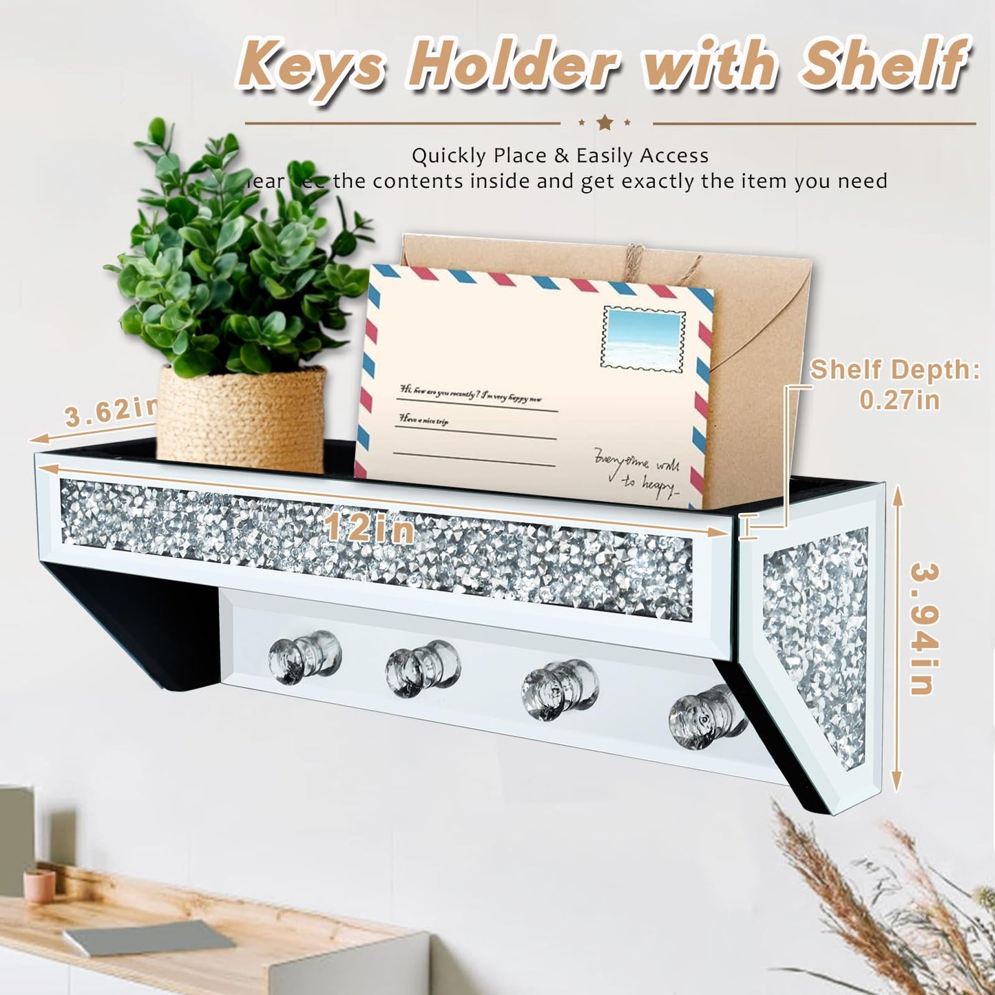 Crushed Diamond Wall Key Holder with Shelf, Crystal Mirror Wall Mounted Key Holder with Shelf for Entryway and Home Decor