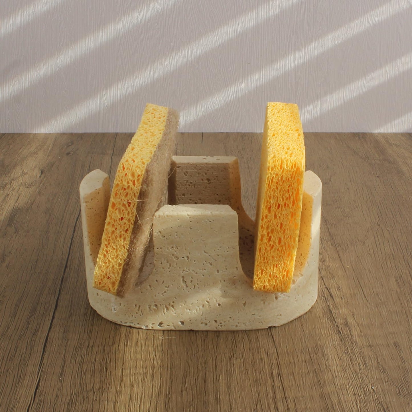 Nawgnail Natural Travertine Marble 2-Slot Sponge Holder for Kitchen Counter, 2-in-1 Stone Drying Rack, Sponge Caddy for Sink Organizer - Beige Travertine