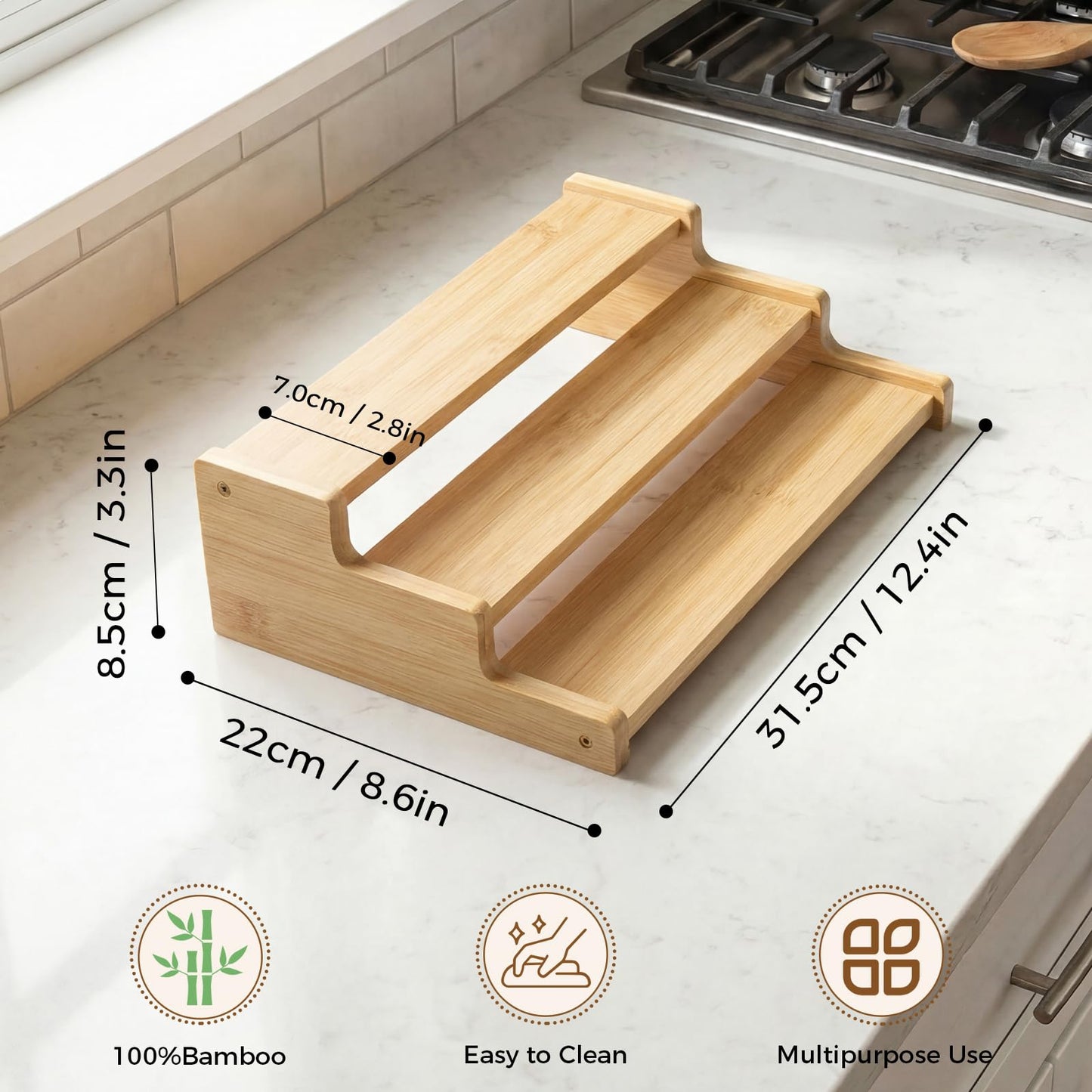Nurtopia Organizer of Cabinet Special Seasoning, 12in Bamboo 3 Tiered Spice Rack，Used for Kitchen Countertops and Food Storage Room Organizer，Specially Designed for Jars and Spice Bottles (Bamboo, M)