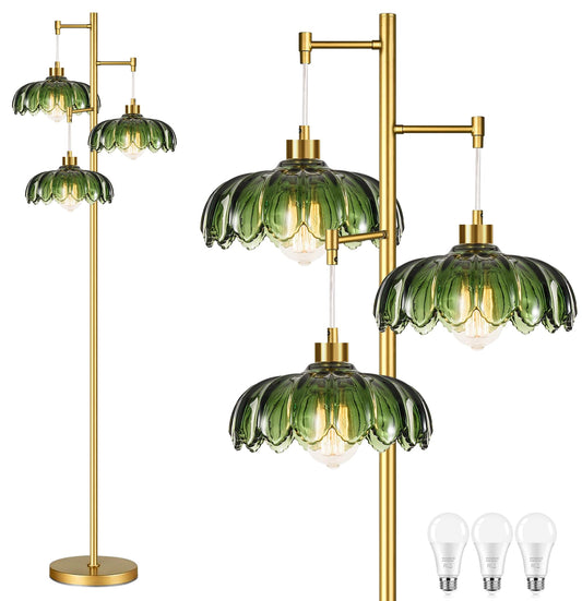 QIYIZM Glass Floor Lamp for Living Room,Bedroom,Mid Century Modern Standing Lamp Brass Tree 3 Light Tall Floor Lamps Vintage Retro Floor Lights Gold Green Flower Lamp Shade Farmhouse Boho Bohemian