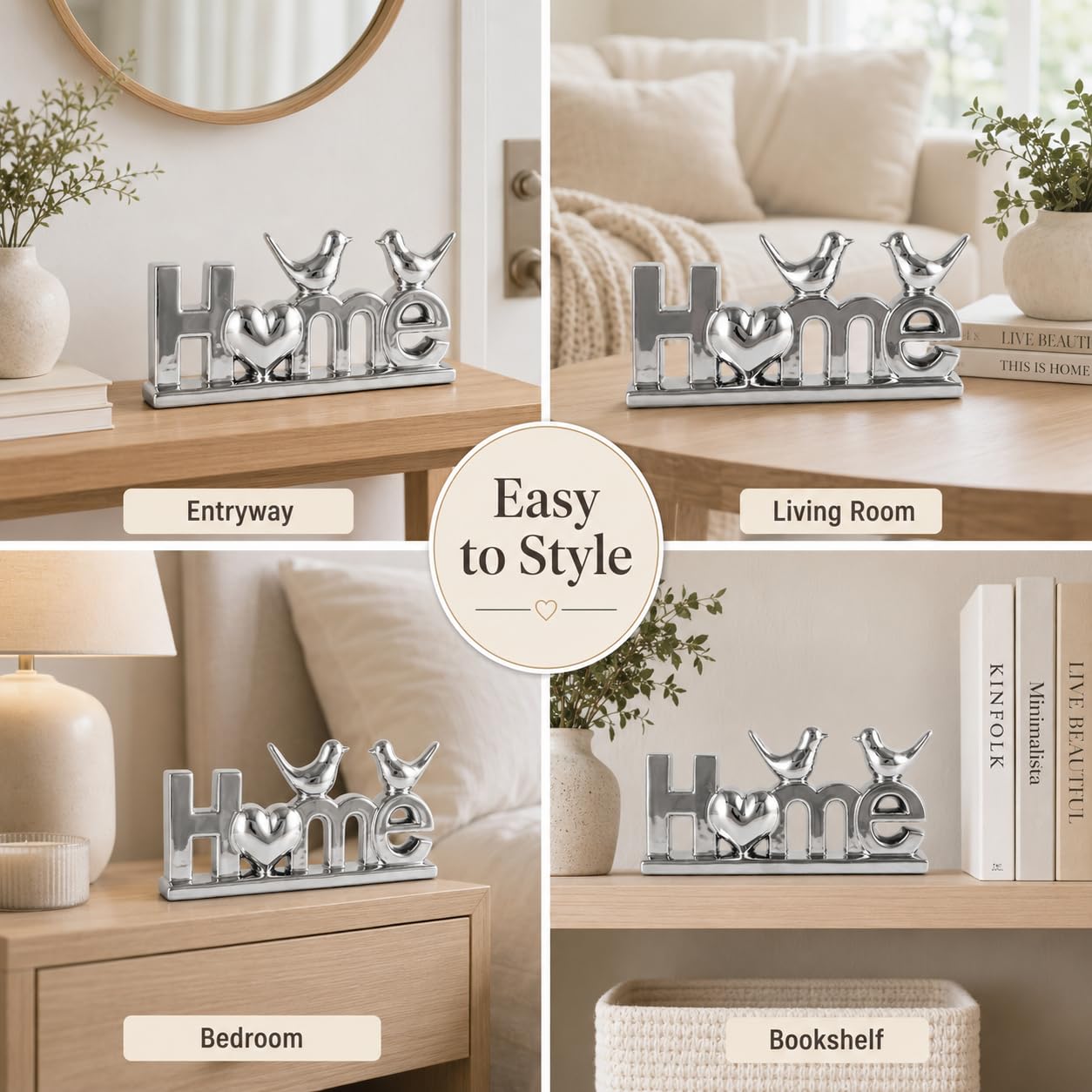 Ceramic LOVE Letter Decor with Bird Statues,Modern Silver Sculpture Optimized for TV Stand & Floating Shelf,Sophisticated Tabletop Ornament,Romantic Anniversary & Wedding Gift for Couples (Silver)