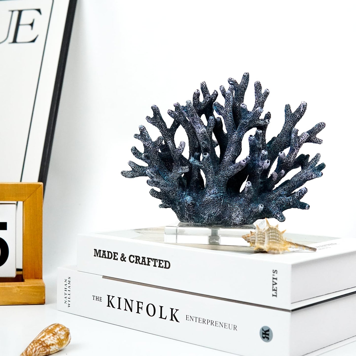 vlinlvo Coral Reef Beach Decor,6.3'' High x 7.5'' Width Artificial Resin Coral Reef Statue for Ocean Coastal Beach Nautical Themed Room Bathroom Decor for Home,RB1001B,Blue