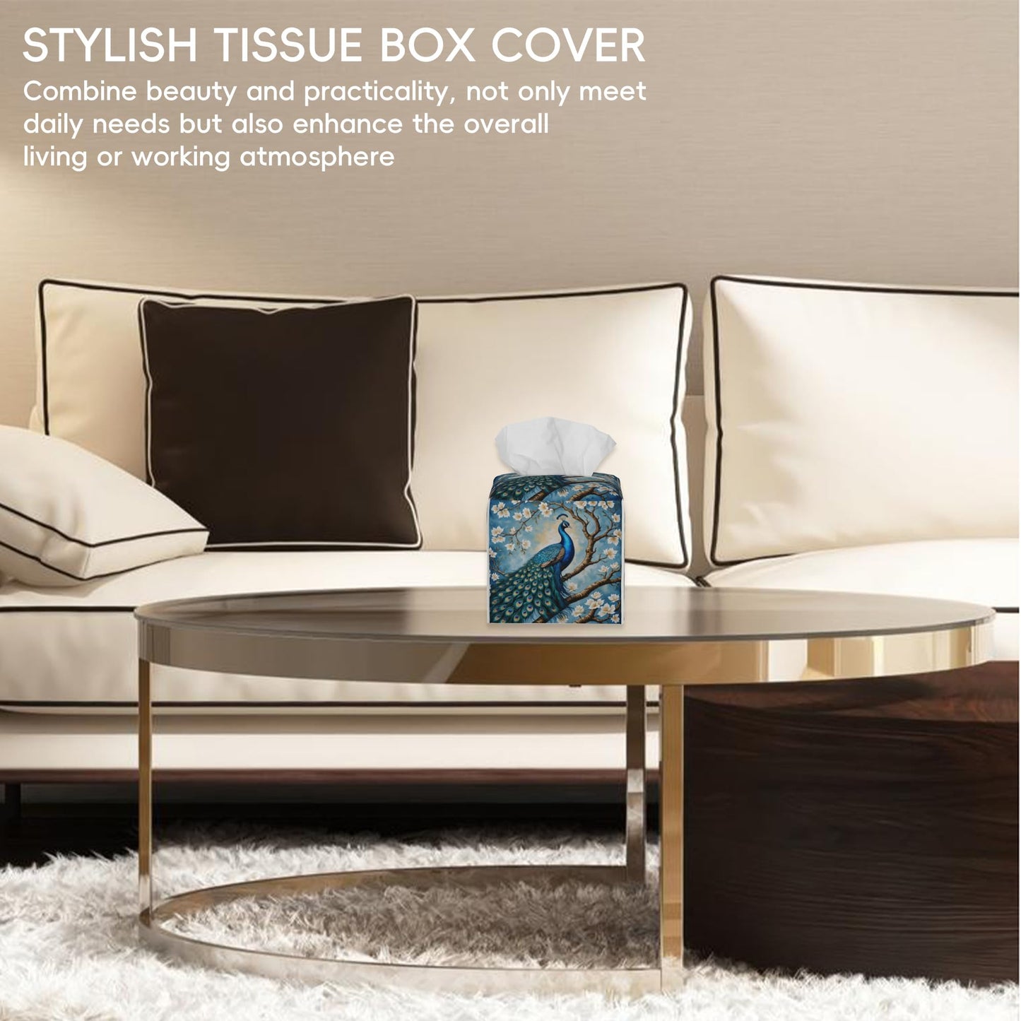 Tissue Box Cover Leather Tissue Box Holder Cube Tissue Case Cover Facial Paper Organizer Dispenser for Bathroom, Vanity Countertop, Office Desk (Peacock Perched on Branch with Flowers)