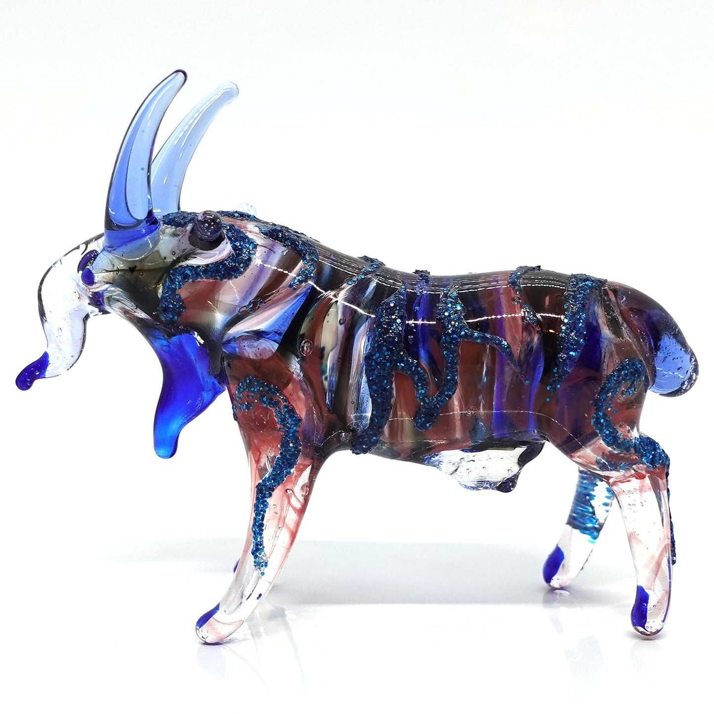 Sansukjai Goat Miniature Blown Glass Art Figurines Animals Hand Painted Collectible Gift Home Decorate (3 inches Blue Red)