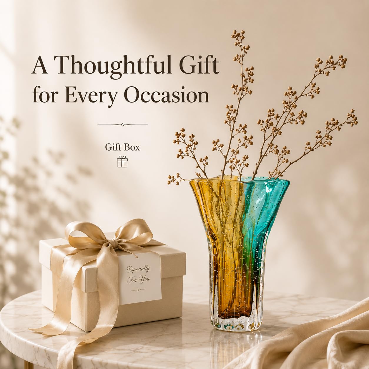 Art Glass Vase with Hand Blown Bubble Texture, Decorative Blue Amber Glass