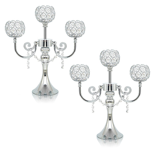 3-Arm Metal Candelabra with Crystal Bowls, Tealight Holder Centerpiece for Birthday, Dining Table, Party Decor, Christmas and Home Decoration (2, Silver)