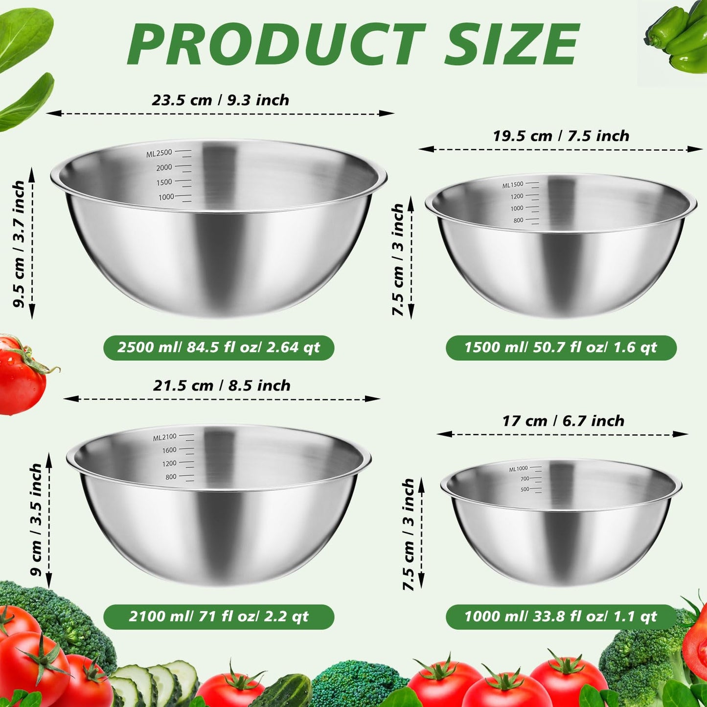 Honeydak 8 Pack Stainless Steel Mixing Bowls with Scale Meal Prep Bowls Dishwasher Safe Stainless Steel Salad Bowl Sizes 1.1, 1.6, 2.2 and 2.64 Qt for Kitchen Baking Cooking Prepping