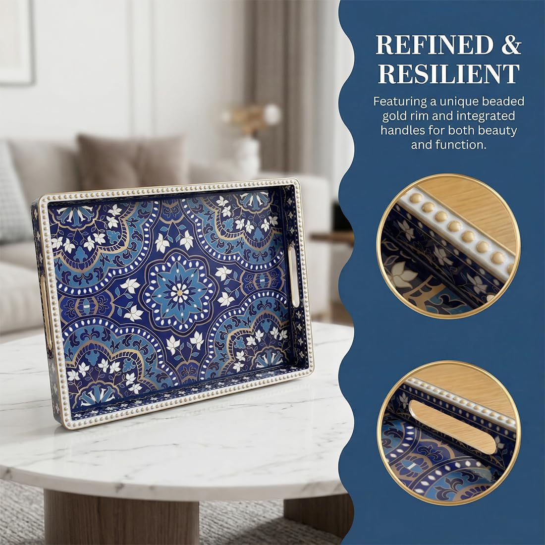 UOEKCS Boho Serving Tray with Handles, Large Rectangular Decorative Ottoman Tray with Gold Beaded Rim, Blue Floral Mandala Design, for Coffee Table, Kitchen Counter, Vanity, 15.7”x11.8”