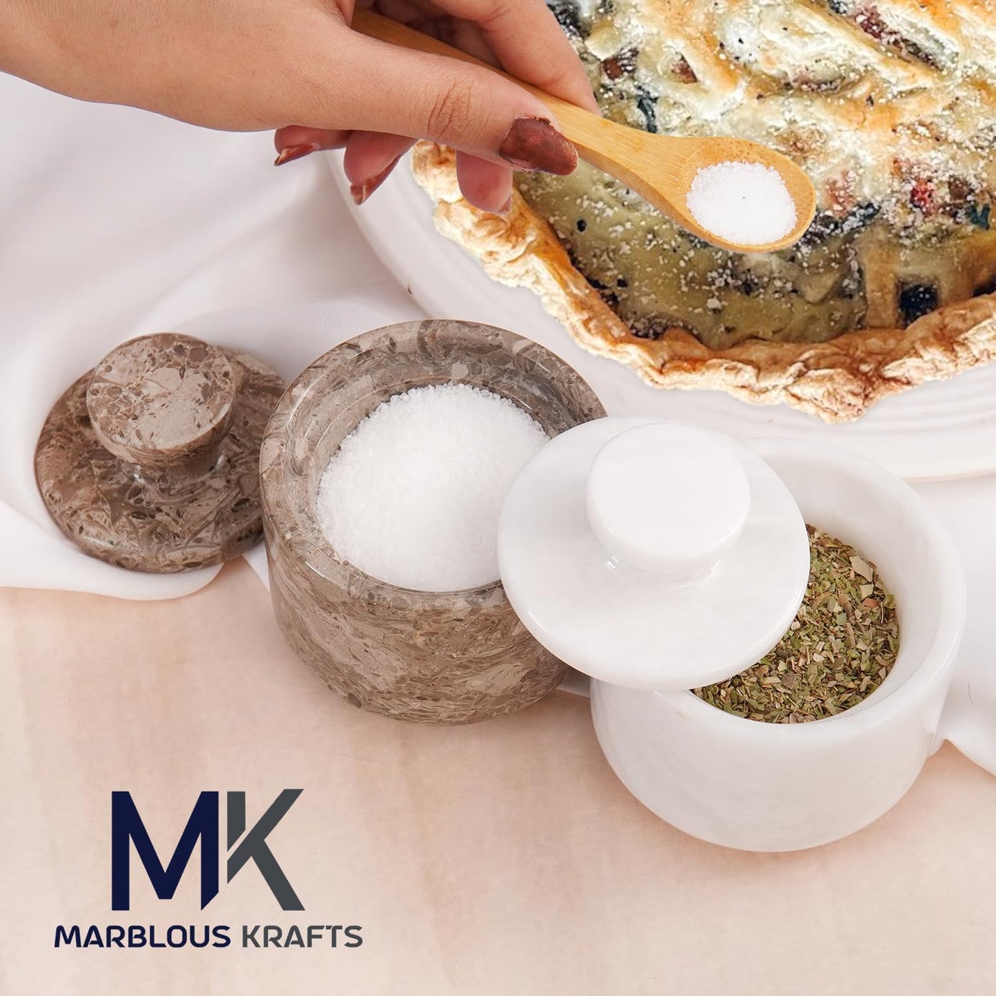 MARBLOUS KRAFTS Marble Salt Cellar with Lid 3" White and Oceanic Celtic Salt & Pepper Containers, Perfect for Home & Kitchen Countertop, Salt Dish & Sugar Bowls for Table Decor, Gift for Mom