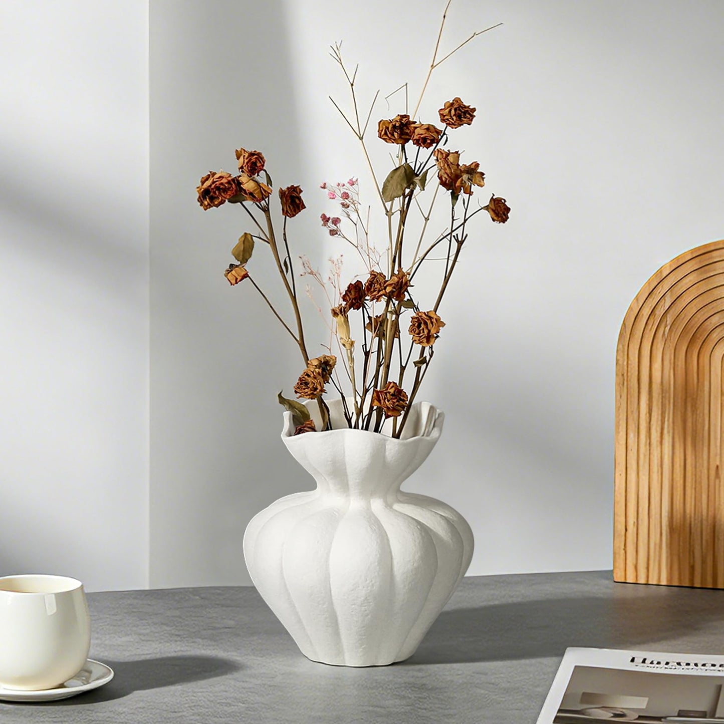 White Ceramic Vase, 8.3in Modern Boho Farmhouse Retro Art Table Centerpiece for Living Room Cabinet Dried & Fresh Flower Arrangement Decorations