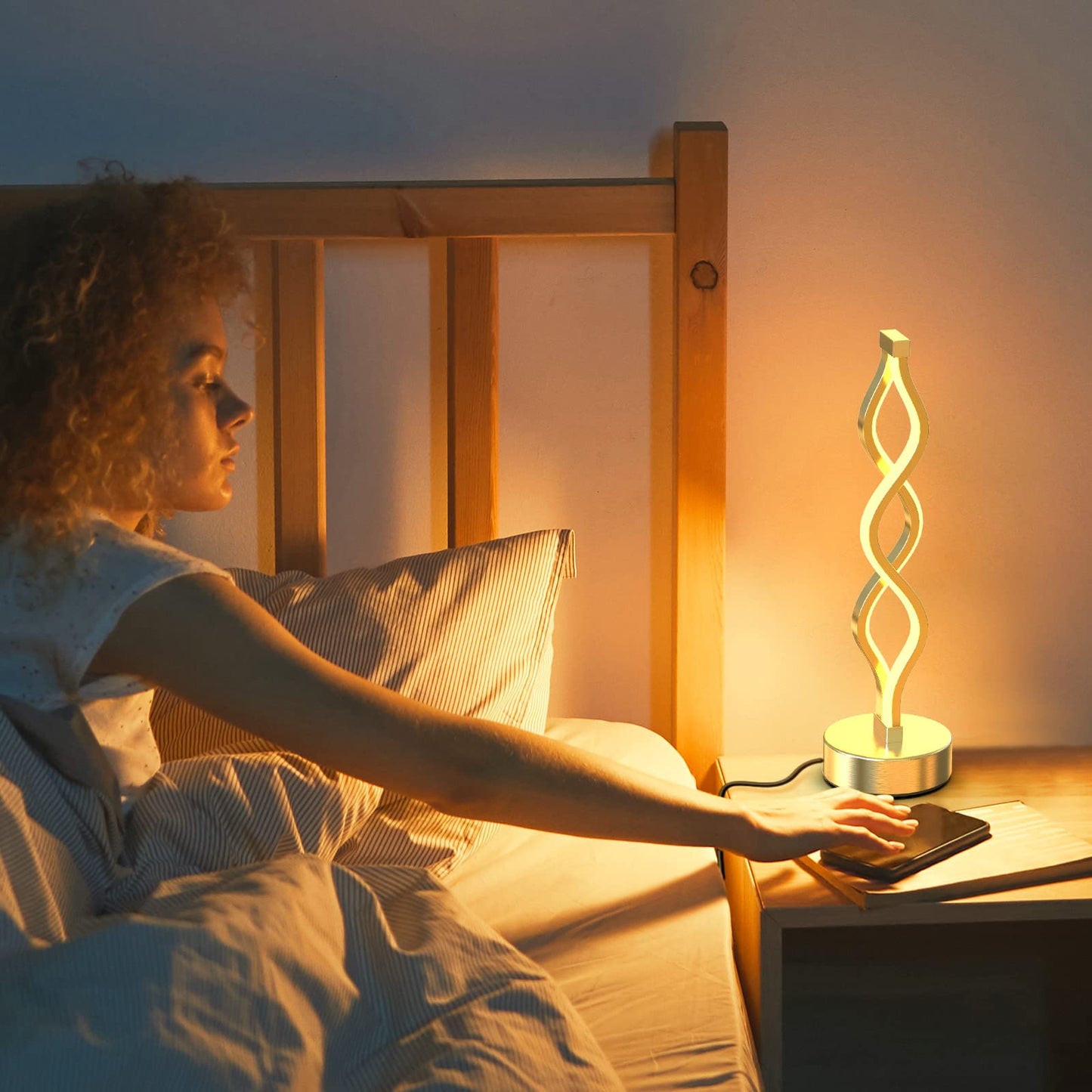 NUÜR Infinity Spiral LED Table Lamp Silver, Dimmable Metallic Bedside Lamp with Touch Controller, 3 Colour Temperature, 15.8 Inch Height, Decorative Lamp for Home, Living Room