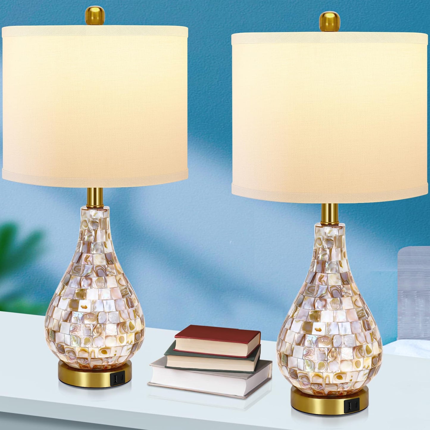 TPAMSWO Modern Coastal Table Lamps Set of 2, Natural Mother of Pearl Tiles 23.5" Bedside Lamp, for Bedroom Living Room Home Nightstand Table Lamp(with USB C+A 5V 2.1A Charging Ports)