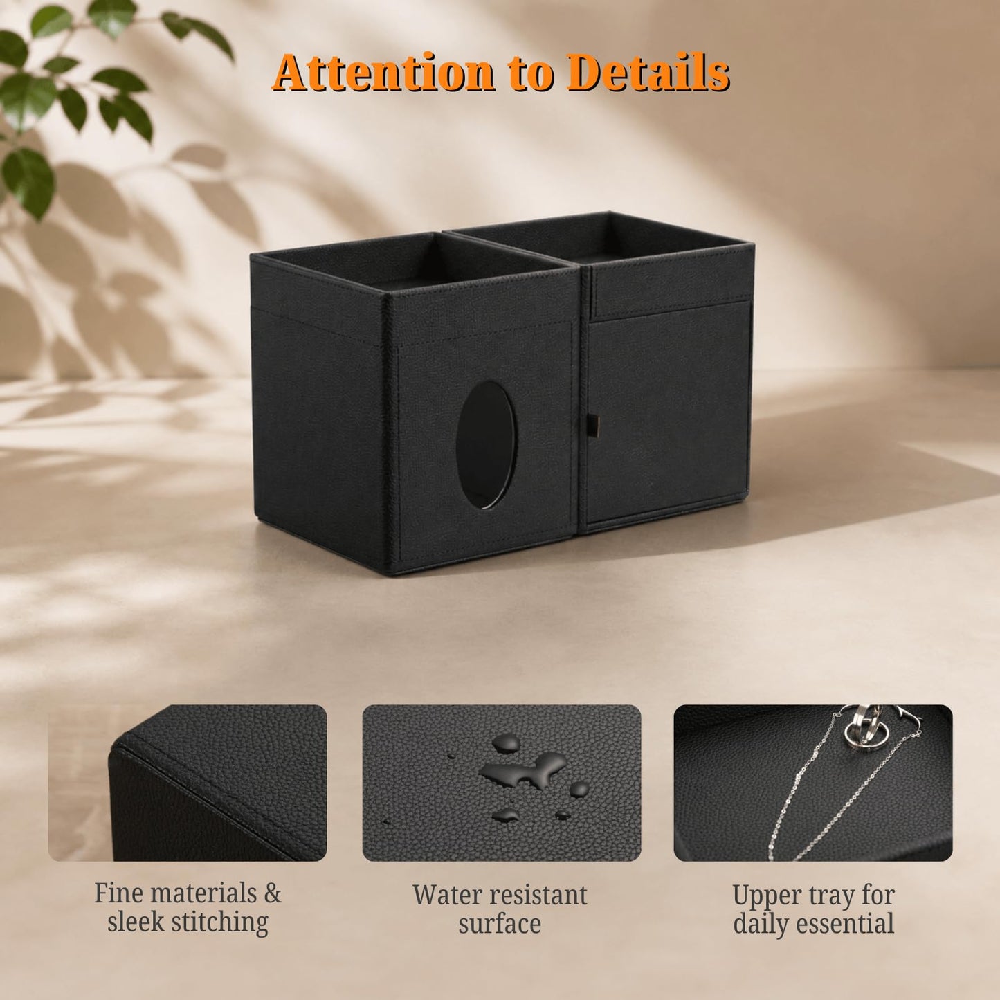 LAMOTI Leather Tissue Box Cover with Storage Tray, Square Facial Tissue Box Holder for Bathroom, Office Table, Countertop, Night Stand & More (Black)