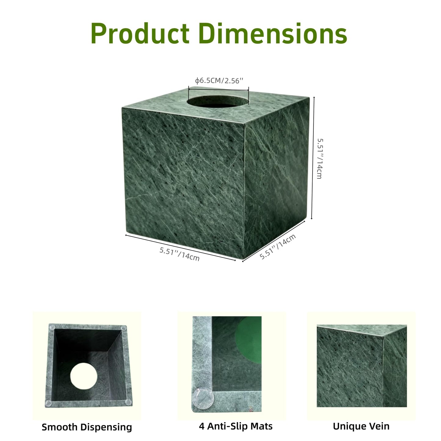 N NANSHOP Natural Marble Tissue Box Holder Cover, Square Cube Tissue Box Holder with Open Bottom for Bathroom Vanity TopsBedroom Dressers, Kitchen Countertop, Indian Green(NS056)