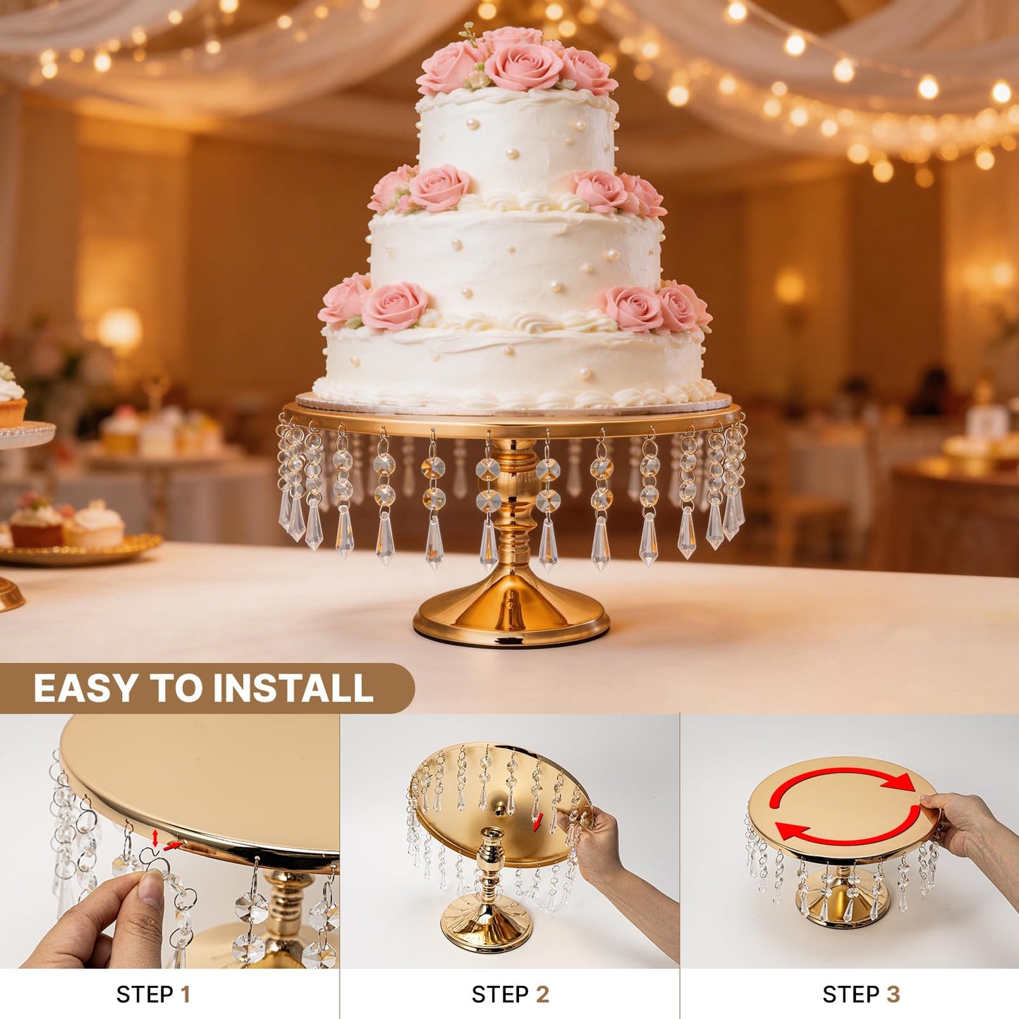 sansaieco 3 PCS Gold Cake Stand Set with Crystal Pendants - Dessert Table Display Set, Dazzling Metal Cake Holder Stand for Wedding, Party, Birthday, Baby Shower, Event Bridal Celebration