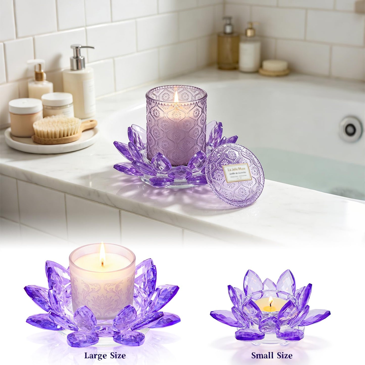 Large Crystal Lotus Tealight Candle Holder for Up to 6" Diameter Pillar Candle Plate Candlestick,Chunky Glass Votive Stand for Wedding, Party, Table Centerpiece Decor and Yoga Meditation (1, Purple)