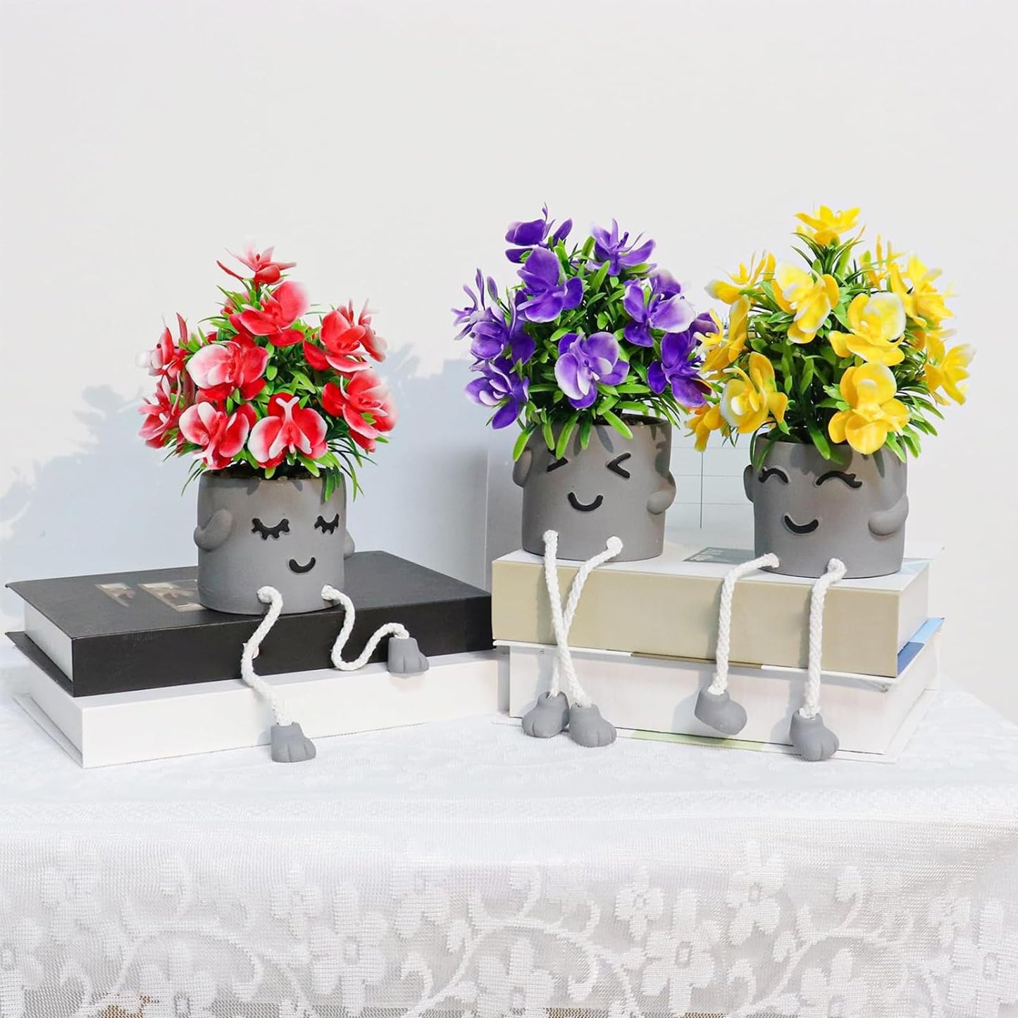 Zerzsy 3 Pack Small Artificial Faux Plants Indoor Summer Spring Decor Fake Plant Flowers with Hanging Leg for Table Decorations Home Office Desk Shelf Decorations