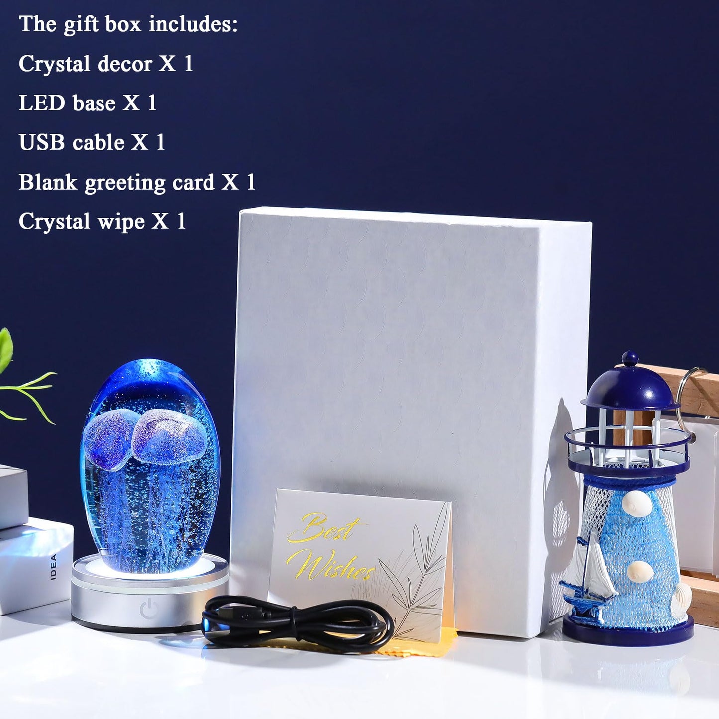 Enjinkail Hand Blown Glass Jellyfish Lamp - Ocean Themed Crystal Ball Desk Decor with LED Light, Aquarium & Beach Room Decoration, Collectible Figurine Paperweight Gift for Women (Blue)