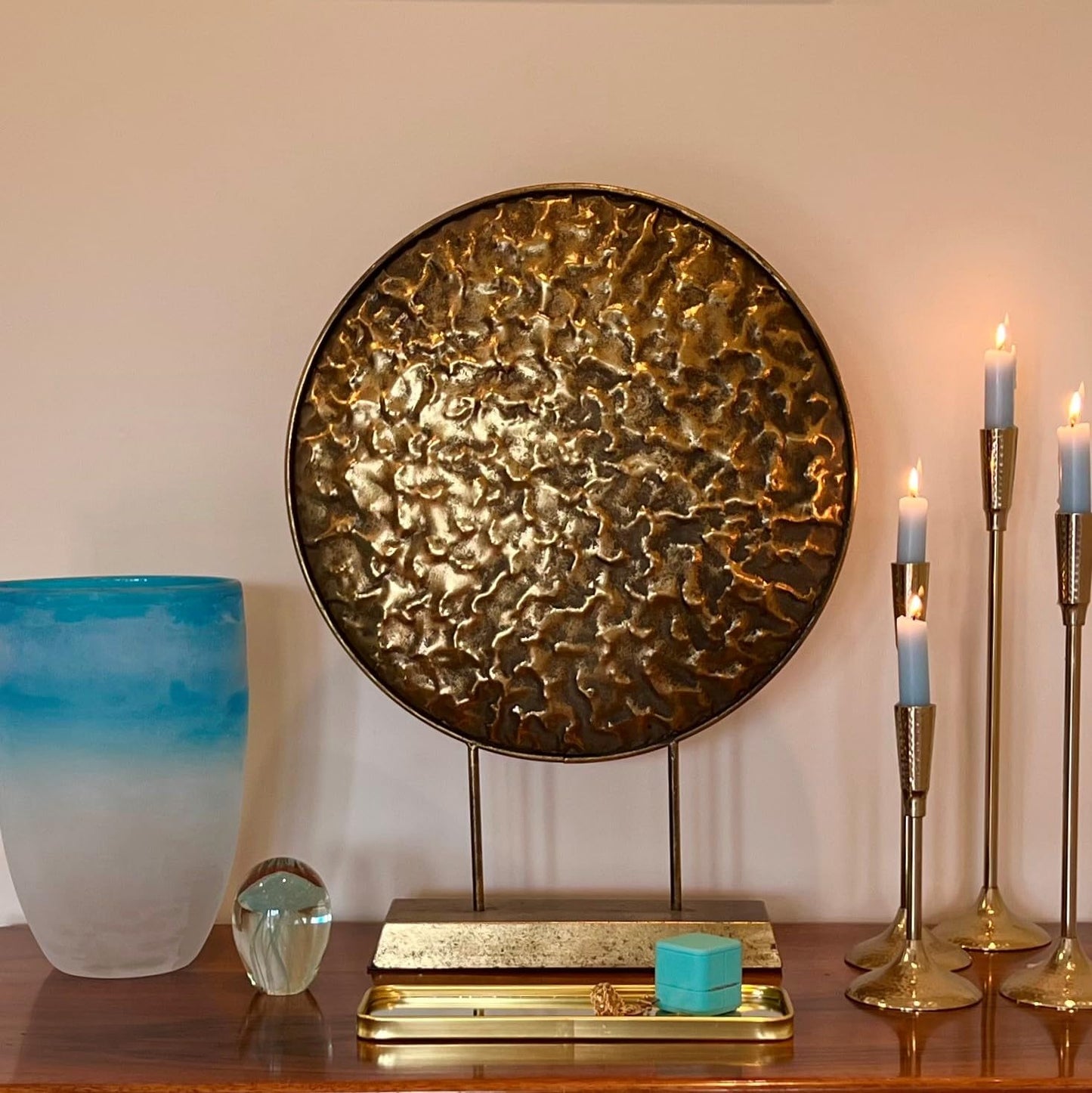WHW Whole House Worlds Modernist Table Top Sculpture, Abstract Round, Textured Disc, Gold, Dark Patina, Post Mounted, Gallery Base, 23.5 Inches
