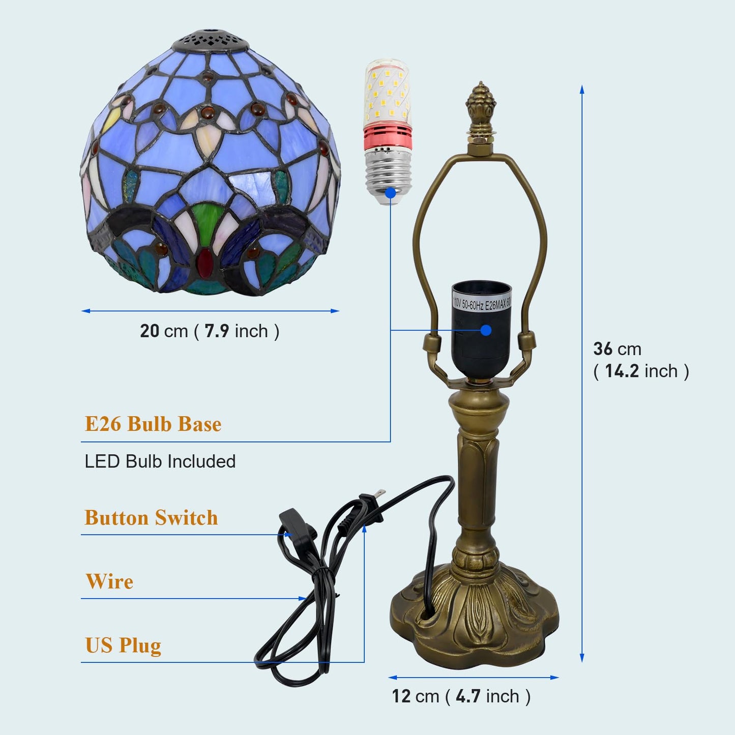 VirtueKing Tiffany Table Lamp Blue Baroque Handmade Stained Glass Desk Lamps 8" Wide 15" Tall Vintage Reading Lamp for Office, Living Room, Bedroom, LED Bulb Included