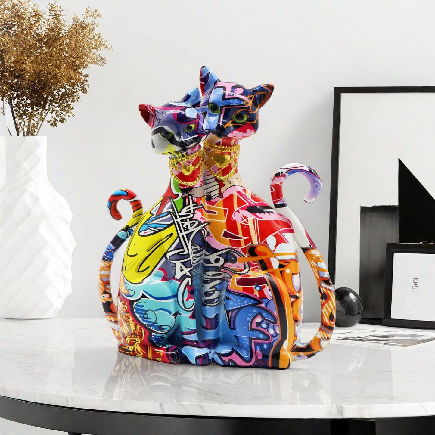 IDORTYBB Graffiti Egyptian Cat Statue Kitty Sculpture Animal Art Figurine Home Decor Decoration for Living Room Bedroom Book Shelf Cabinet Desk Table Top Centerpieces Ornaments (Multi A)