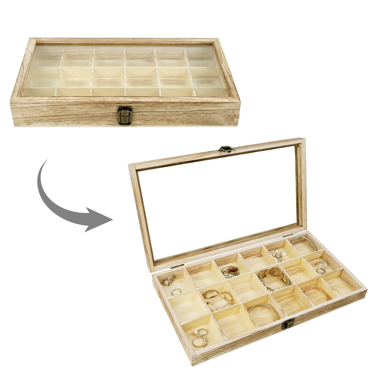 Mooca Wooden Display Storage Case with Tempered Glass Lid for Jewelry and Beads with 18 Compartments Tray, Oak Color, 15" W x 8 3/4" D x 2" H