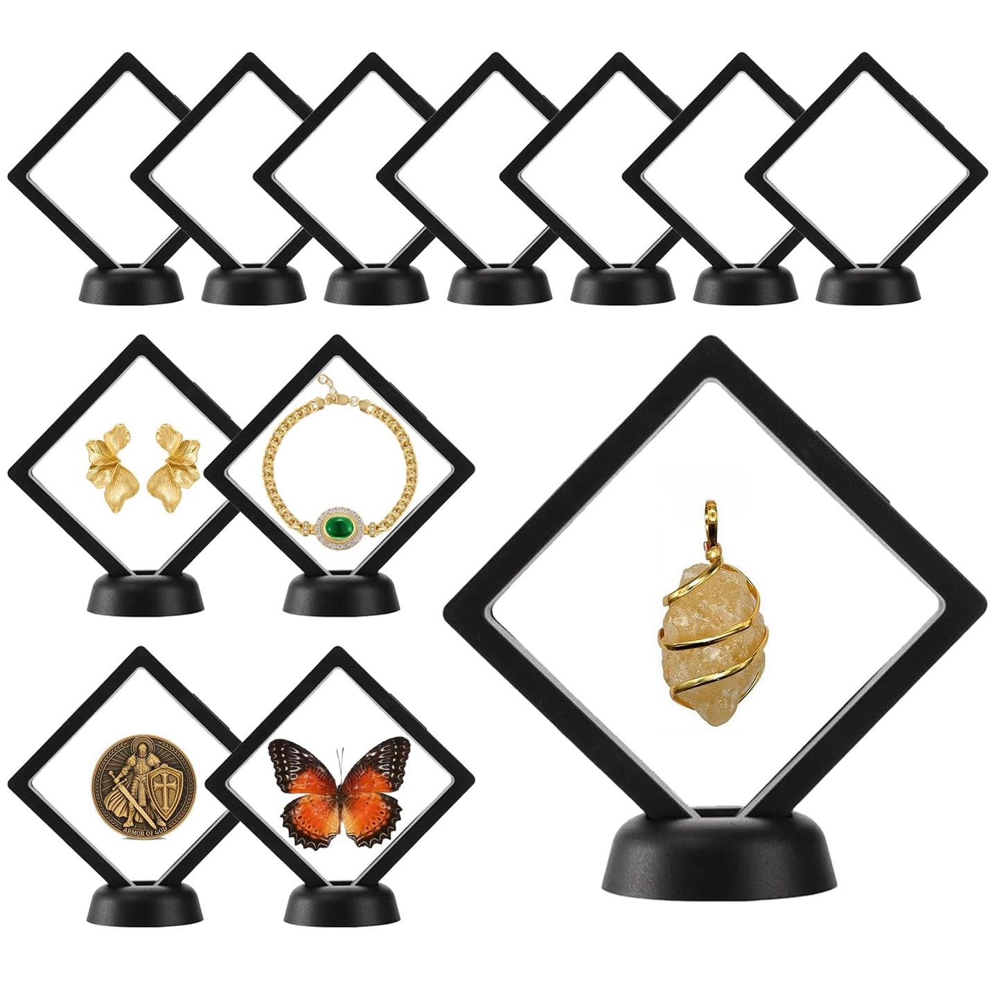 BMHHWAI 12Pcs 3D Floating Display Case 3.5in Black, Clear Film Jewelry Storage Box Plastic Frame Stand for Challenge Coin Fossils Rocks Shark Tooth Butterfly
